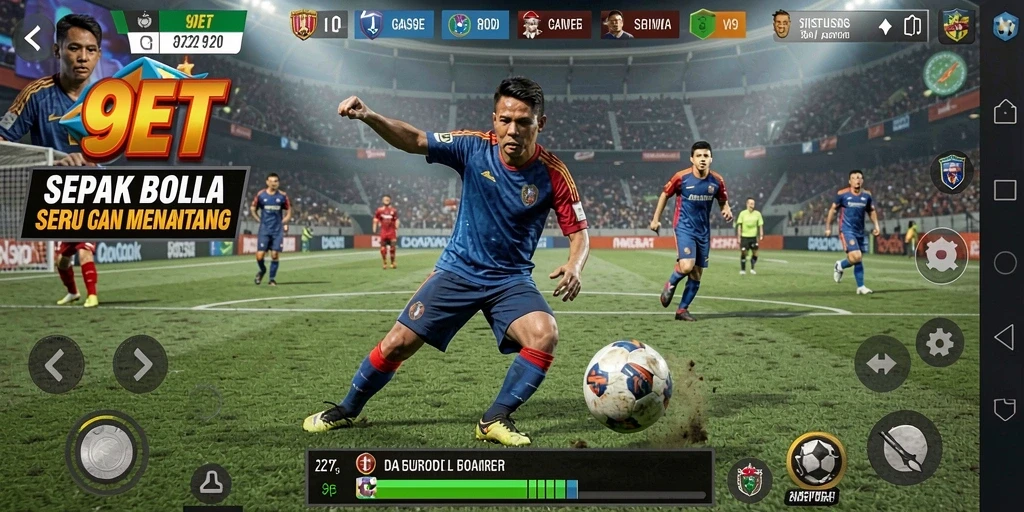 Tangkapan layar gameplay 9ET yang menampilkan aksi sepak bola yang mendebarkan.