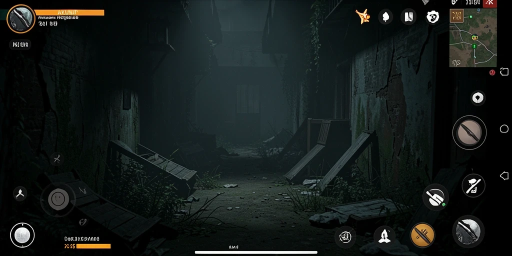 Tangkapan layar gameplay AKUNJP menunjukkan suasana mencekam di lingkungan gelap.