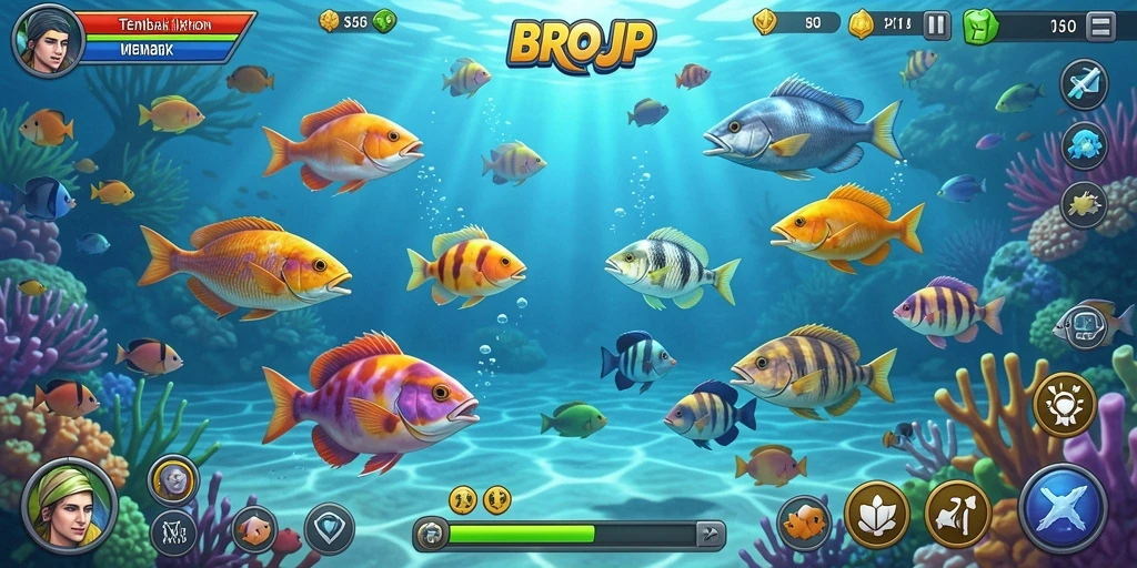 Screenshot gameplay BROJP menampilkan aksi seru menembak ikan.