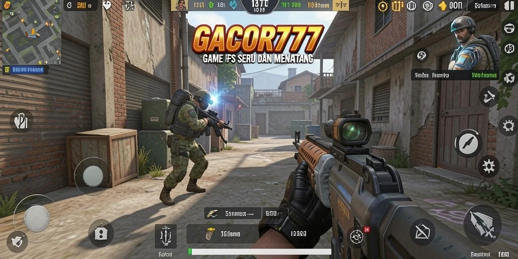 Tampilan gameplay GACOR777 yang mengasyikkan dalam pertarungan FPS.