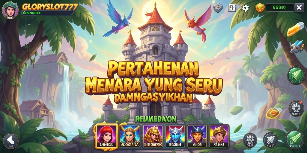 Screenshot gameplay GLORYSLOT777 menampilkan pertahanan menara yang strategis.