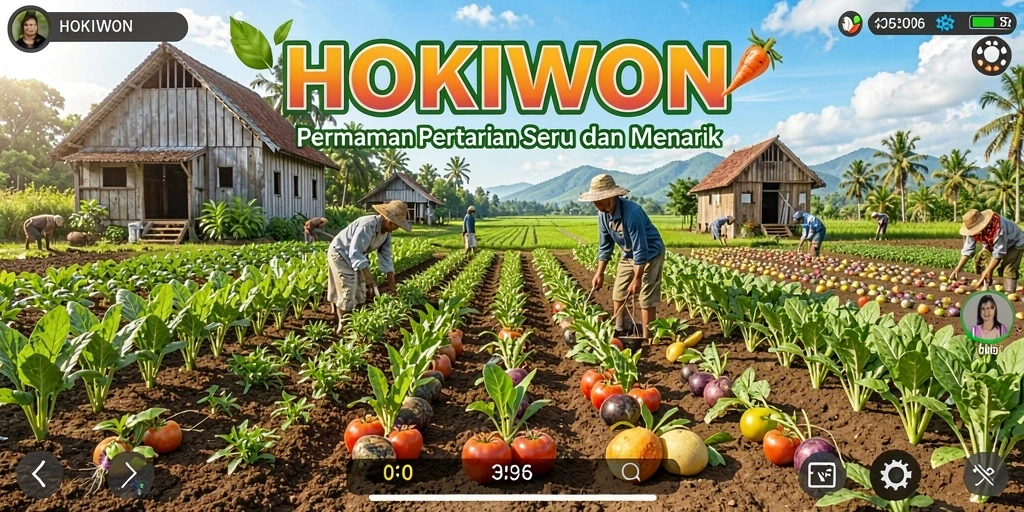 Tampilan gameplay HOKIWON dengan pertanian yang cerah dan menarik.