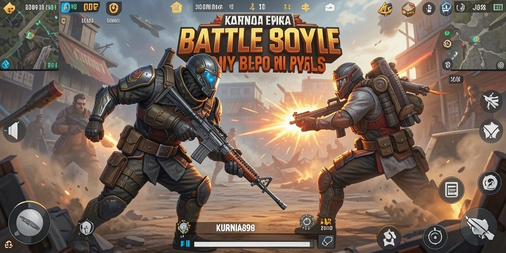 Menampilkan aksi pertarungan intens dari game Battle Royale.