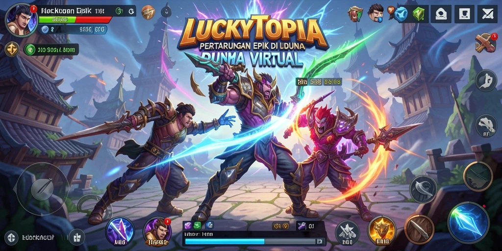 Screenshot gameplay LUCKYTOPIA menampilkan pertarungan intens antara karakter yang kuat.