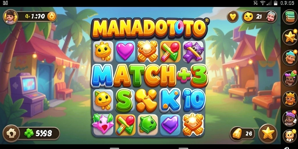Gameplay seru di MANADOTOTO dengan tantangan Match-3 yang menarik.