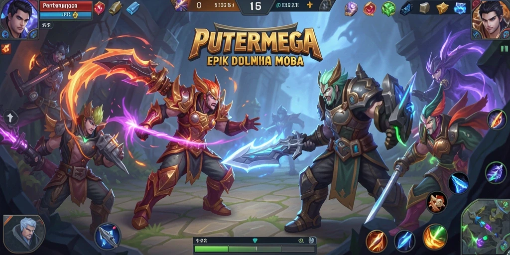 Screenshot utama PUTERMEGA menampilkan pertarungan seru antar tim dalam arena.