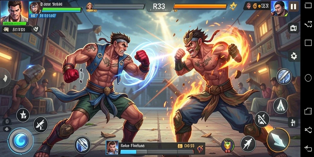 Screenshot permainan RR33 menunjukkan pertarungan intens dan karakter yang menonjol.